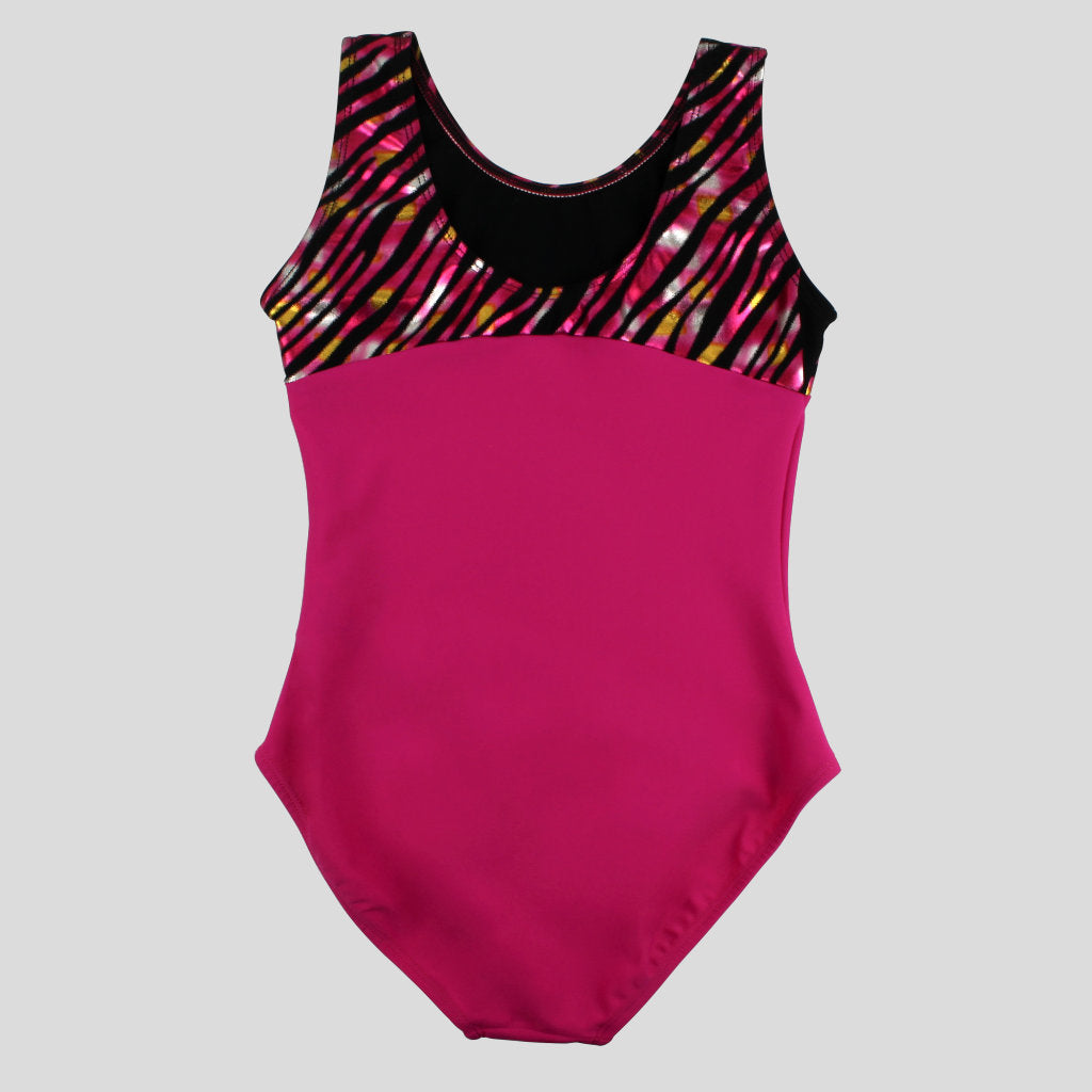back of the pink leotard with a black and pink zebra design accenting the shoulders