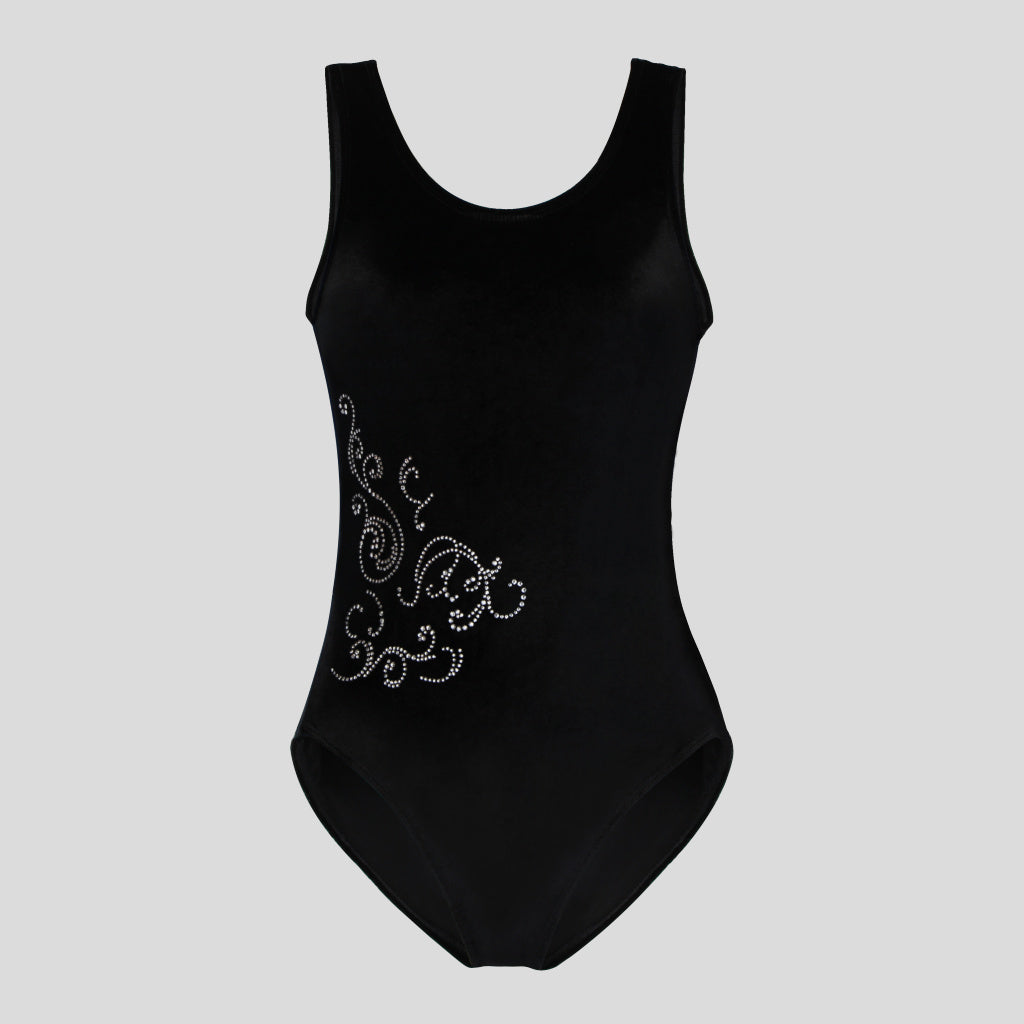 Australian made girls black velvet leotard adorned with a beautiful diamante filigree design on the lower left