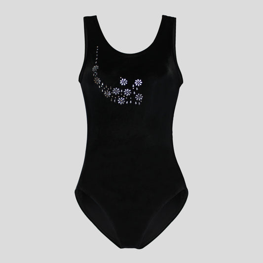 Australian made girls black velvet leotard adorned with a gorgeous floral silver foil design across the front