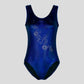 Australian made K-Lee Designs sleeveless leotard made with dark blue holographic velvet, adorned with floral silver diamante design across the front