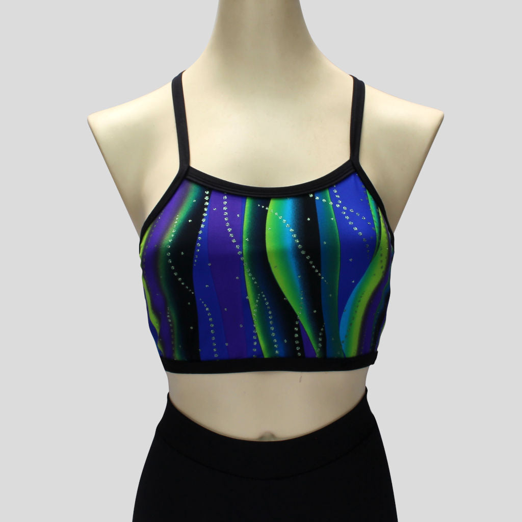 blue and green swirl waves pattern crop top with black straps