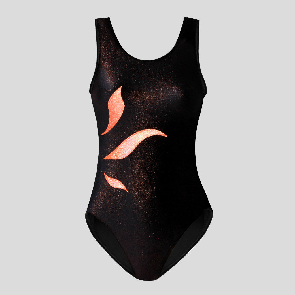 Australian made girls black velvet leotard with copper glitter adorned with an orange curve design along the side