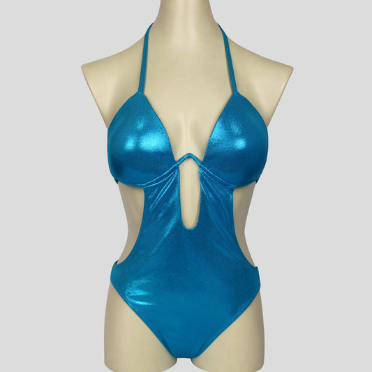 womens bodybuilding one piece bikini with cut-out design in a shiny aqua fabric