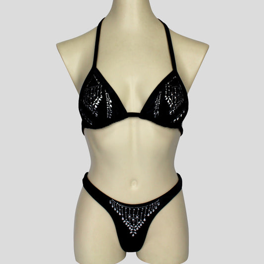 black velvet bodybuilding competition g-string bikini decorated with silver foil bling