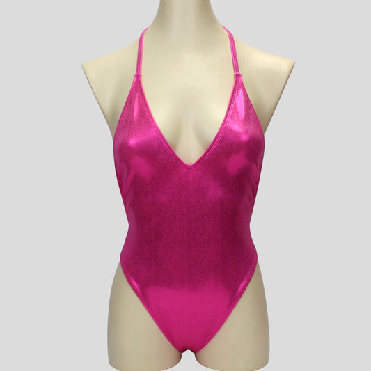 womens' shiny pink mystique bodybuilding one piece in halter neck design