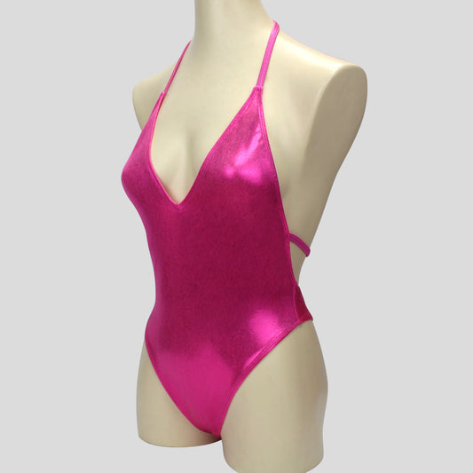 ladies shiny pink mystique bodybuilding one piece in backless halter neck design