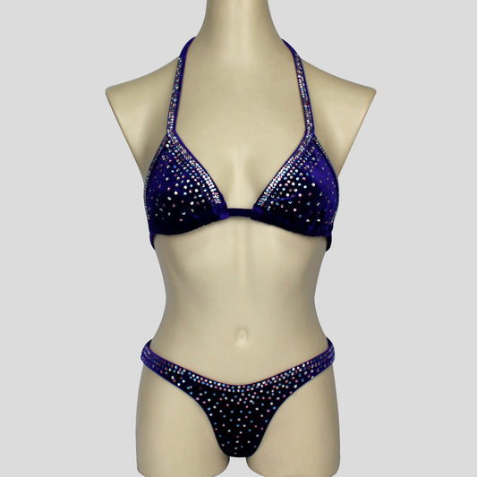 indigo velvet bodybuilding competition bikini set decorated with diamante bling