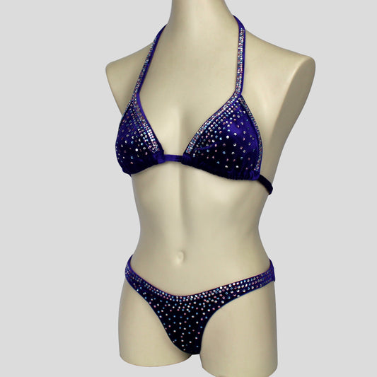 side view of the indigo velvet bodybuilding competition bikini decorated with diamante bling