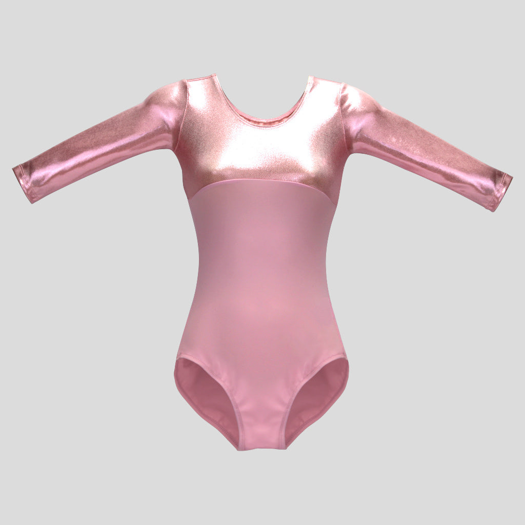 Australian made girls light pink long sleeve leotard with shiny metallic top