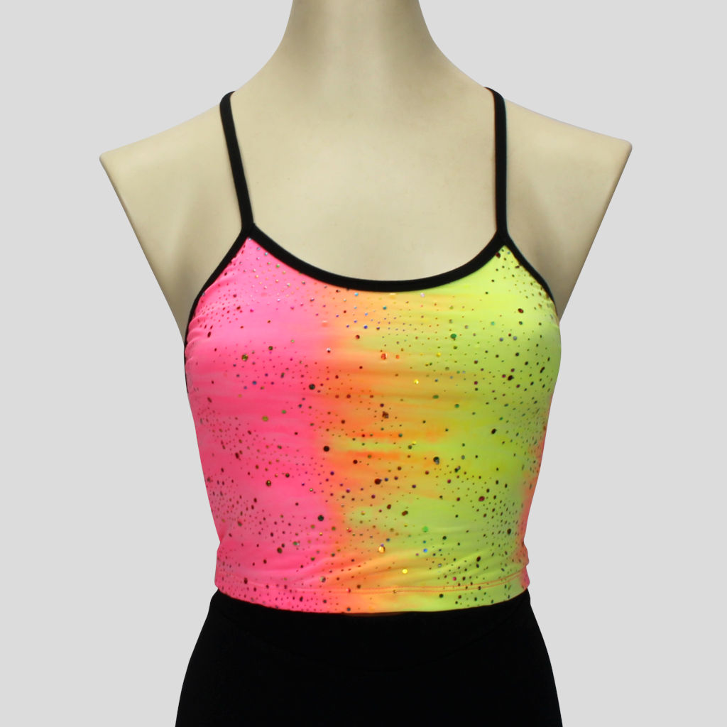 girls' yellow and pink pastel tie-dye top with sequin splash and black straps