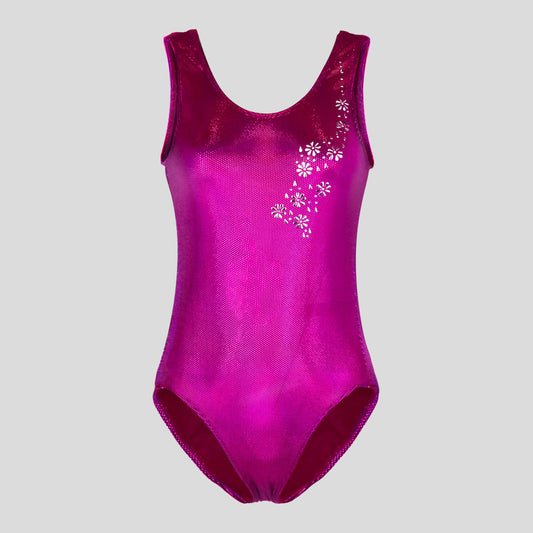 Australian made K-Lee Designs sleeveless leotard made with pink holographic velvet, adorned with beautiful shiny silver floral design and diamantes across the right shoulder