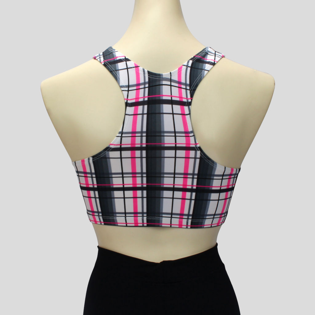 girls' pink tartan print crop top in a sportsback style