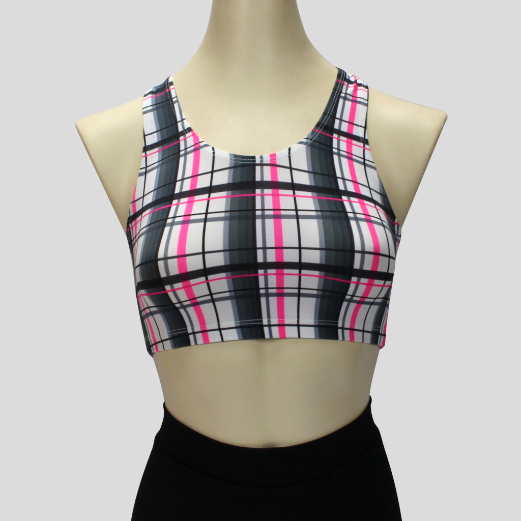 girls' pink tartan print crop top in a sportsback style