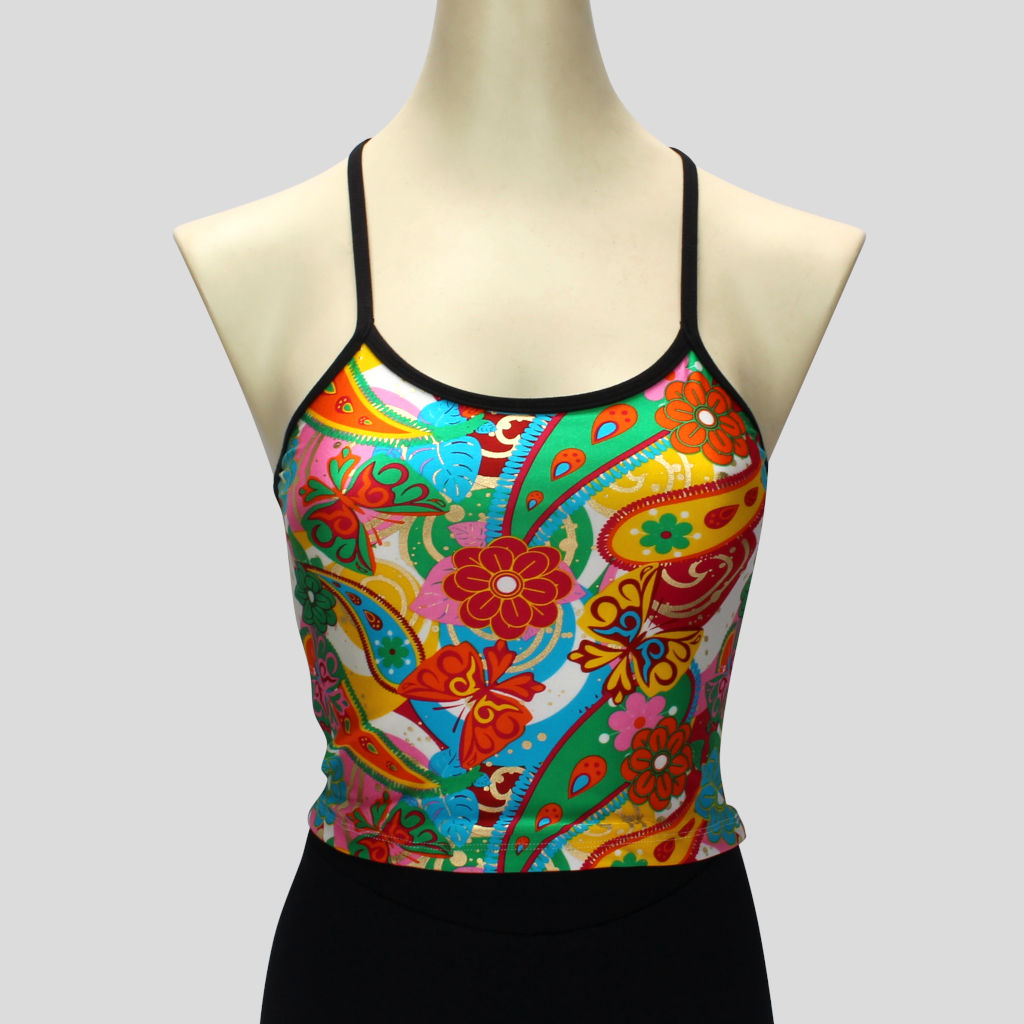 retro paisley print long crop top with black straps