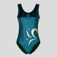 Australian made K-Lee Designs sleeveless leotard made with teal jade holographic velvet, adorned with shiny appliques and diamantes on the lower right side