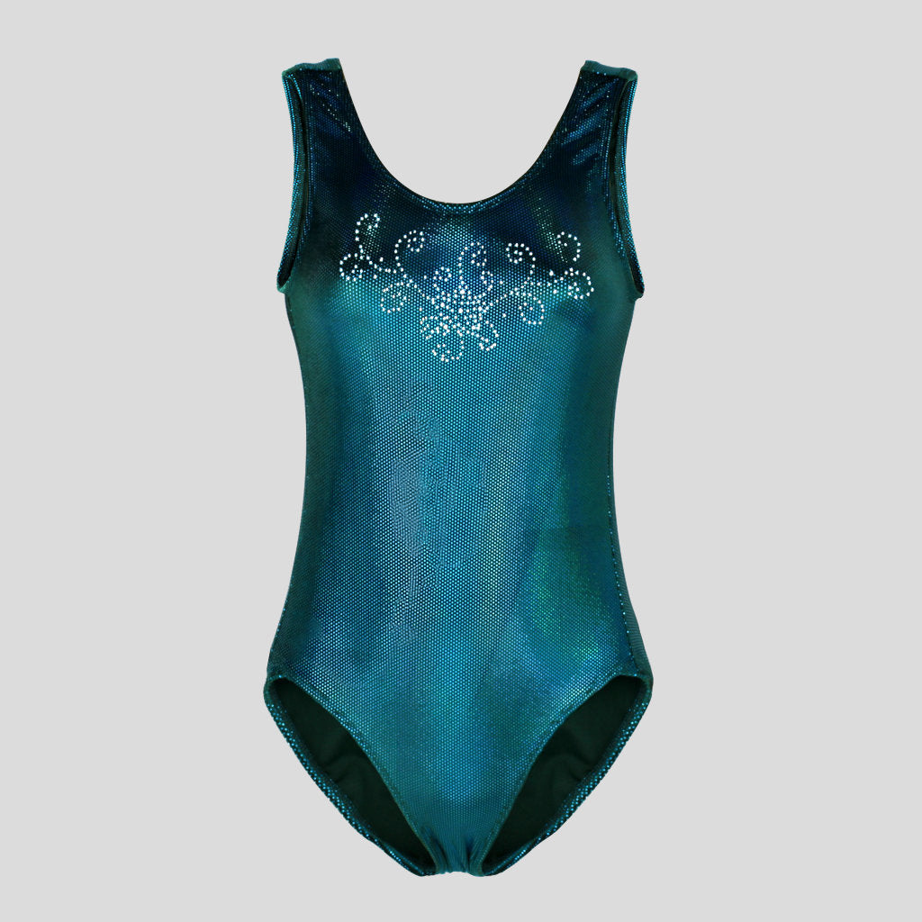 Australian made K-Lee Designs sleeveless leotard made with teal jade holographic velvet, adorned with beautiful diamante floral design right below the neckline