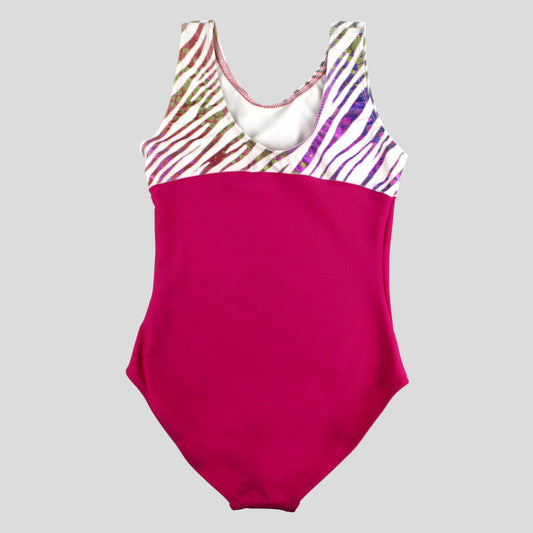 back of the rainbow zebra print accented shoulders with pink body leotard for girls