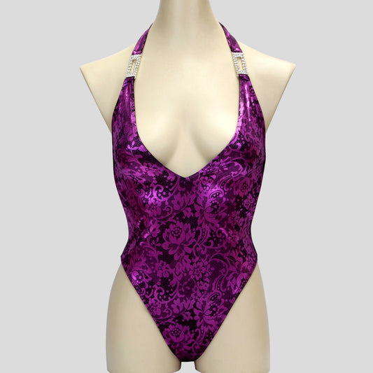 womens' bodybuilding one piece in a purple floral lace print