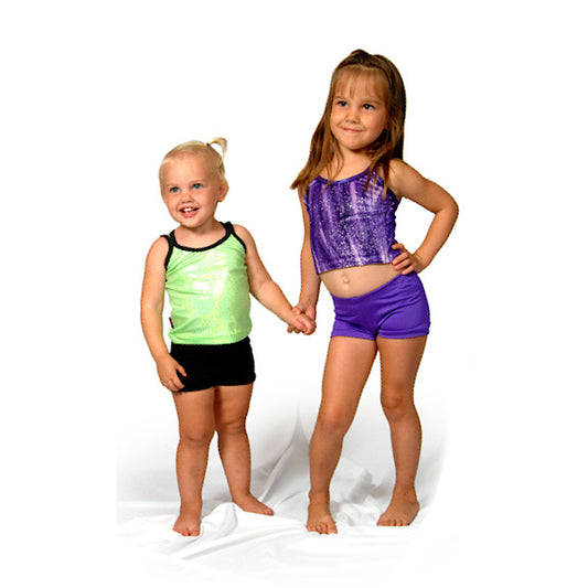 Two young kids wearing the basic bike shorts in black and purple