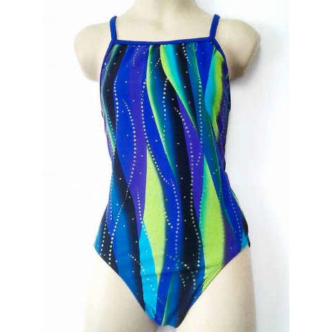our girls blue swirl swimsuit in blue and green waves print