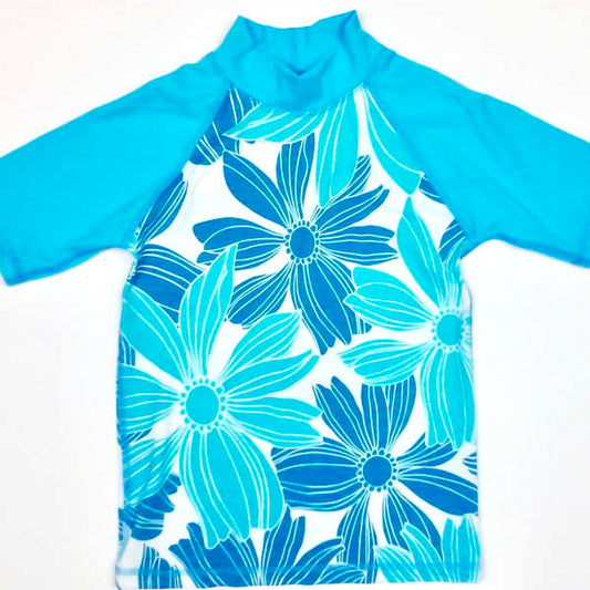 sun shirt with blue floral print and aqua sleeves