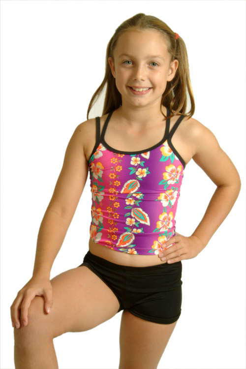 girl wearing the hawaiian floral print top with black cross straps