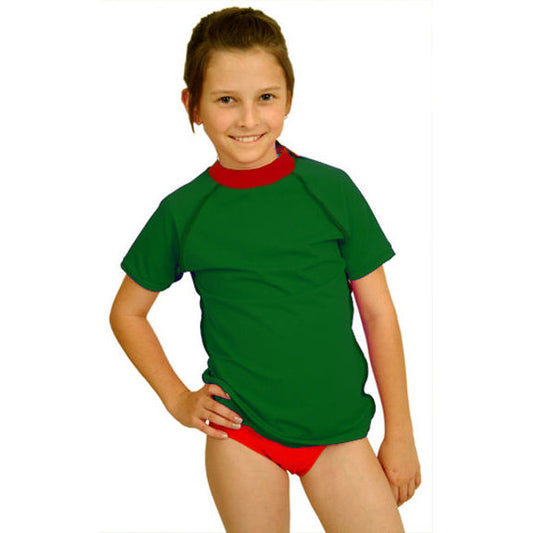 girl wearing the unisex green sun shirt with rounded red collar