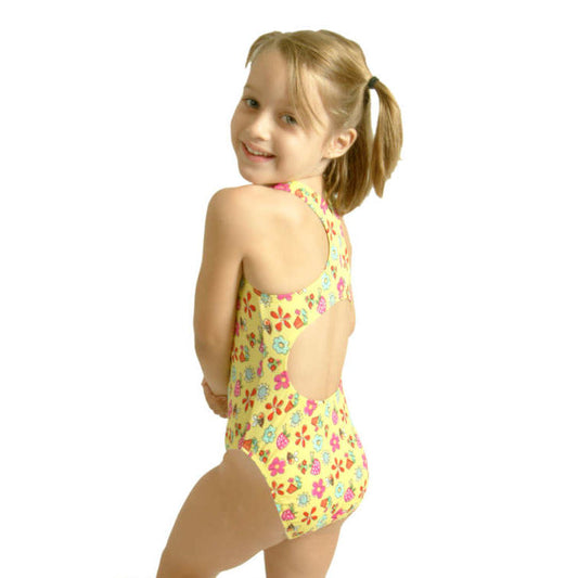 back view of our kids yellow garden swimsuit with keyhole back design