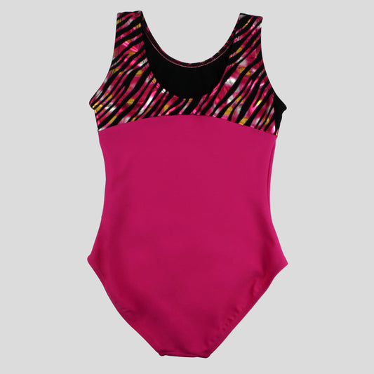 back of the pink leotard with a black and pink zebra design accenting the shoulders
