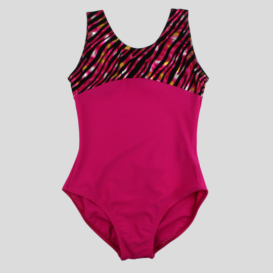 our pink leotard with a black and pink zebra design accenting the shoulders