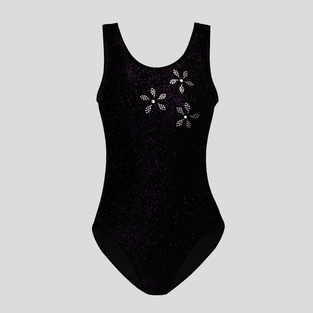 childrens black velvet leotard with purple shimmer adorned with a floral diamante design