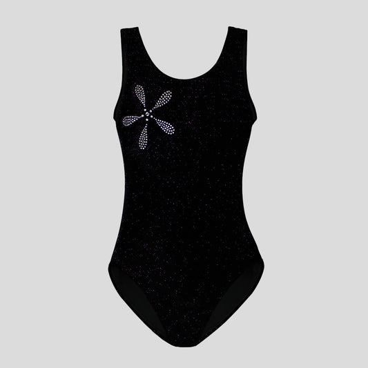 childrens black velvet leotard with purple shimmer adorned with a diamante flower design on the chest