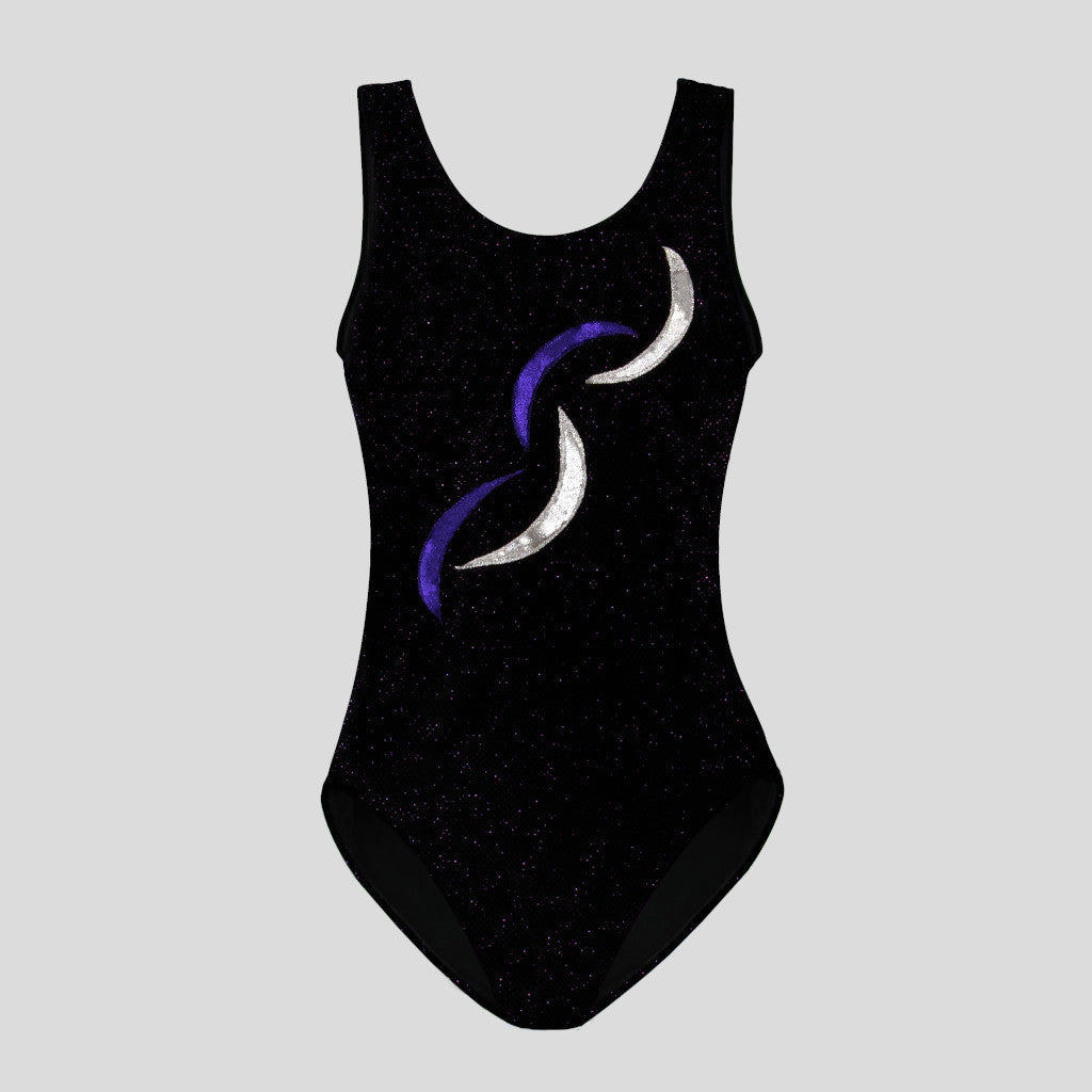 childrens black velvet leotard with purple shimmer adorned with a mixed crescent applique design