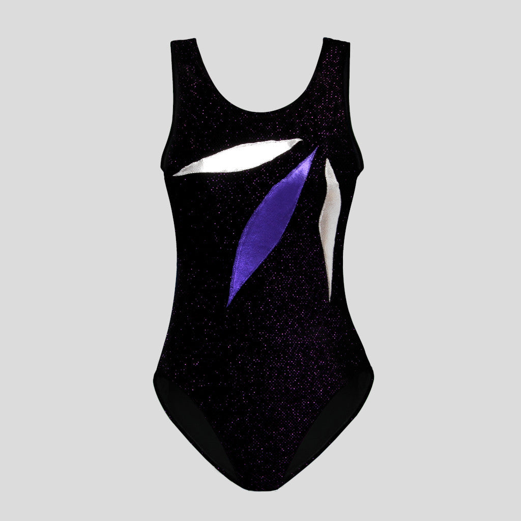 childrens black velvet leotard with purple shimmer adorned with a geometric applique design across the body