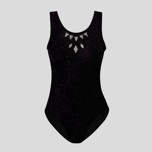 childrens black velvet leotard with purple shimmer adorned with a necklace style diamante design along the neckline