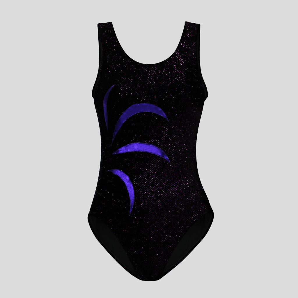 childrens black velvet leotard with purple shimmer adorned with curved applique design along the side of the body