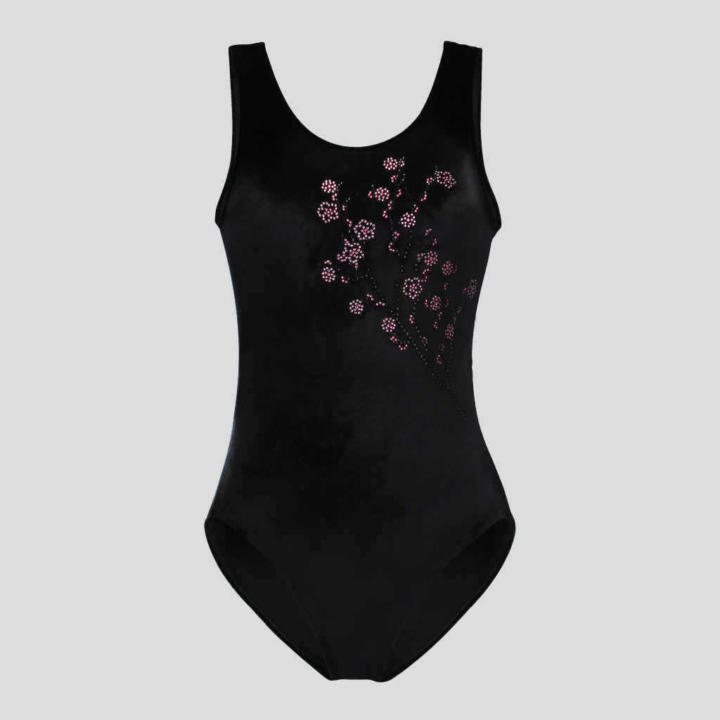 Australian made girls black velvet leotard adorned with a cherry blossom branch design made of coloured diamantes on the chest