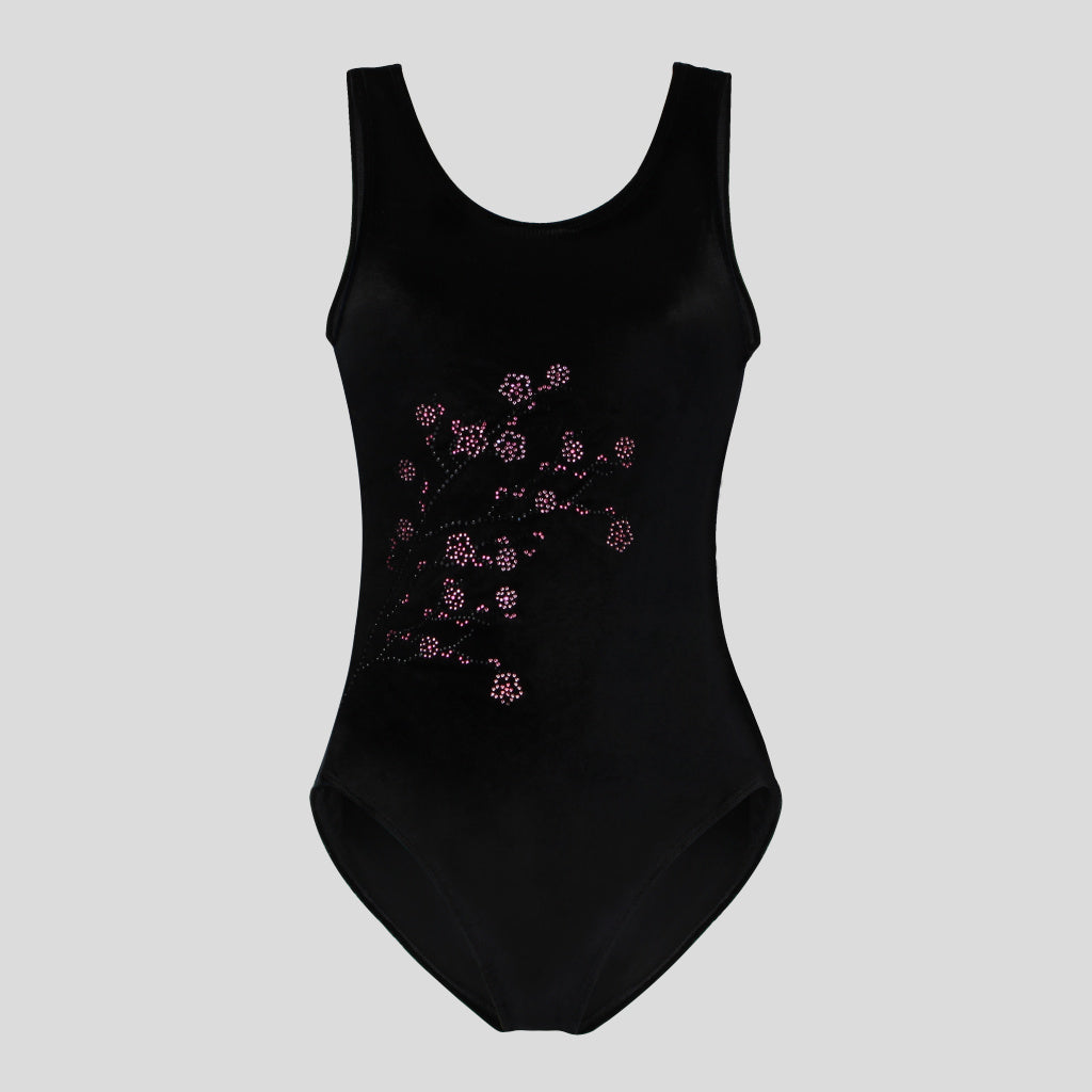 Australian made girls black velvet leotard adorned with a cherry blossom branch design made of coloured diamantes