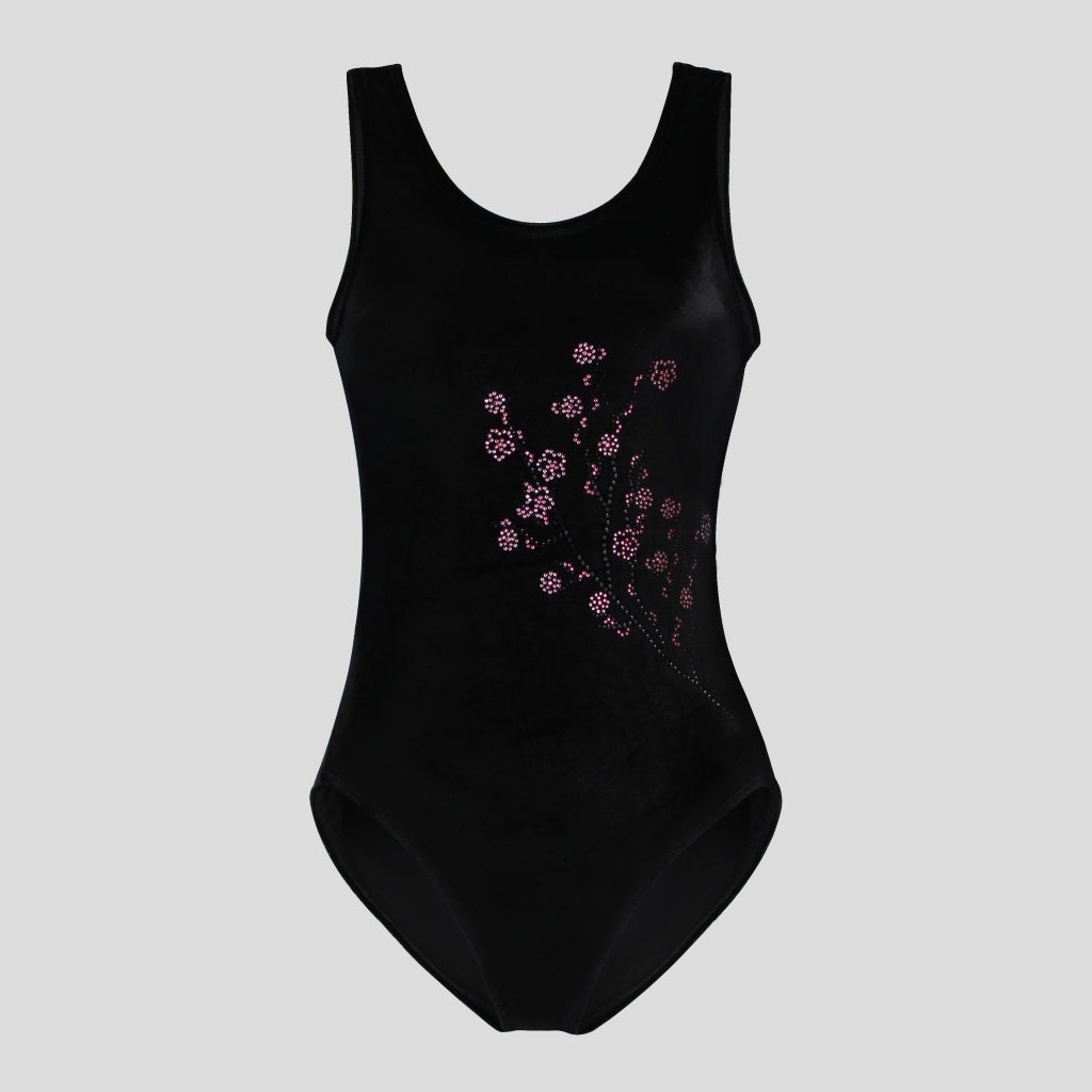 Australian made girls black velvet leotard adorned with a cherry blossom branch design made of coloured diamantes on the side