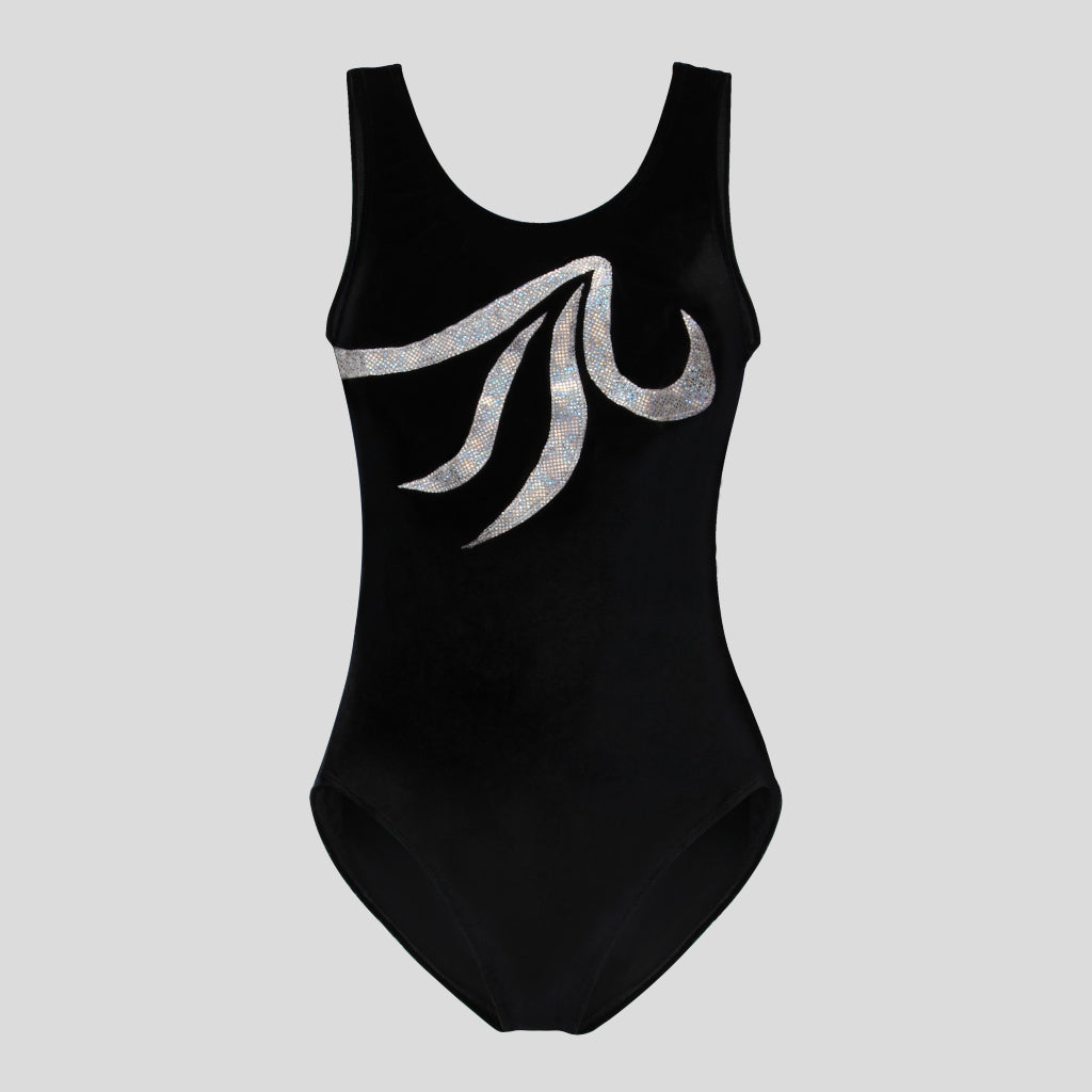 Australian made girls black velvet leotard adorned with a silver white holographic appliques in a unique design