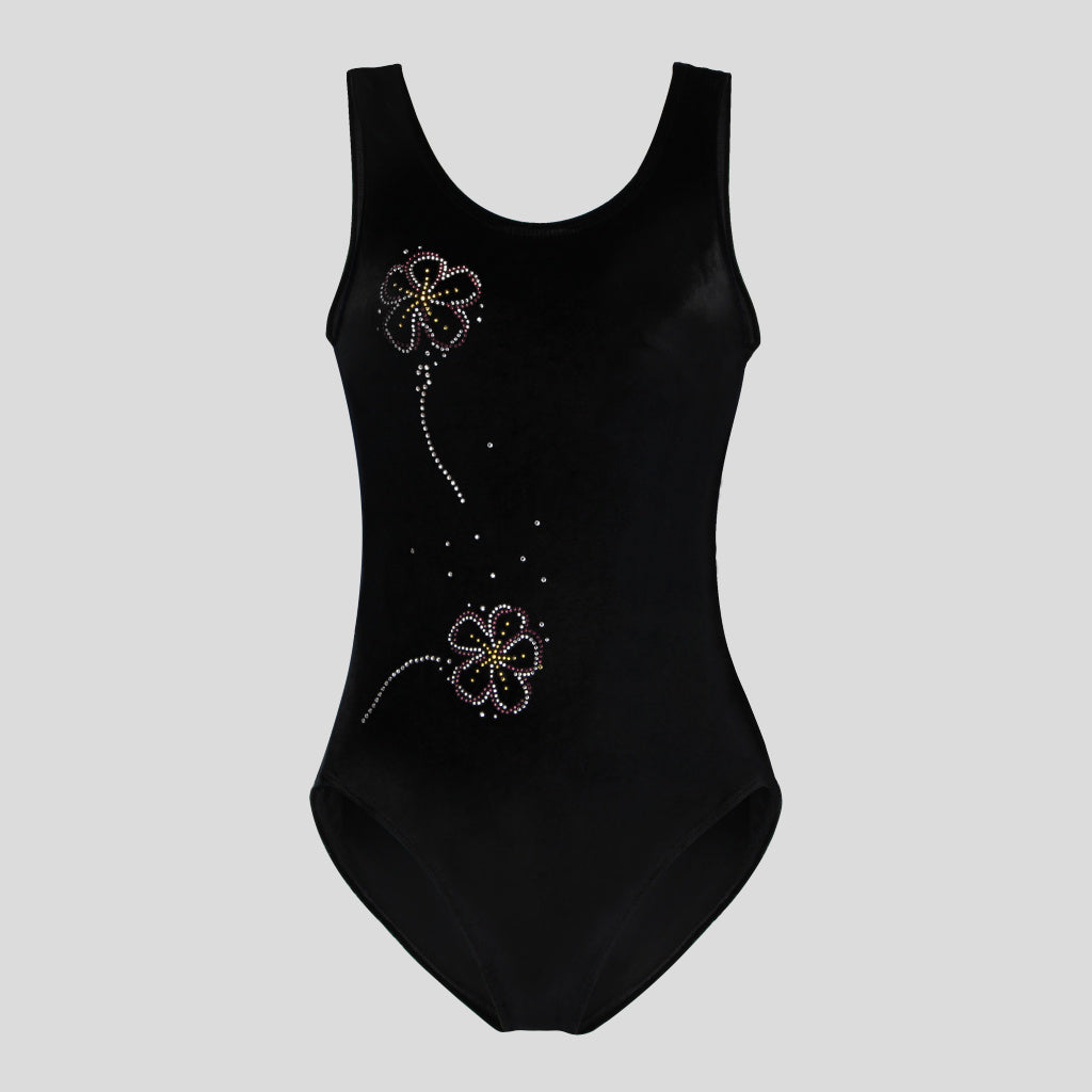 Australian made girls black velvet leotard adorned with two carefree flowers made of coloured diamantes