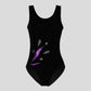 Australian made girls black velvet leotard adorned with contrasting purple appliques and diamante designs in tear drop shapes