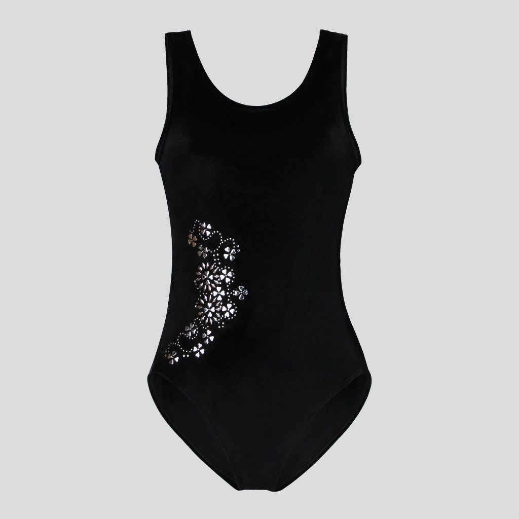 Australian made girls black velvet leotard adorned with a gorgeous shiny silver foil floral design and diamantes on the lower left