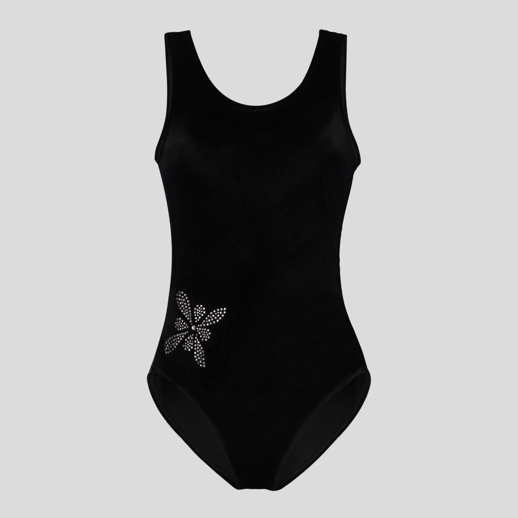 Australian made girls black velvet leotard adorned with a gorgeous geometric flower made of diamantes