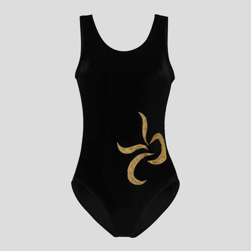 Australian made girls black velvet leotard with gorgeous golden holographic applique design on the lower right