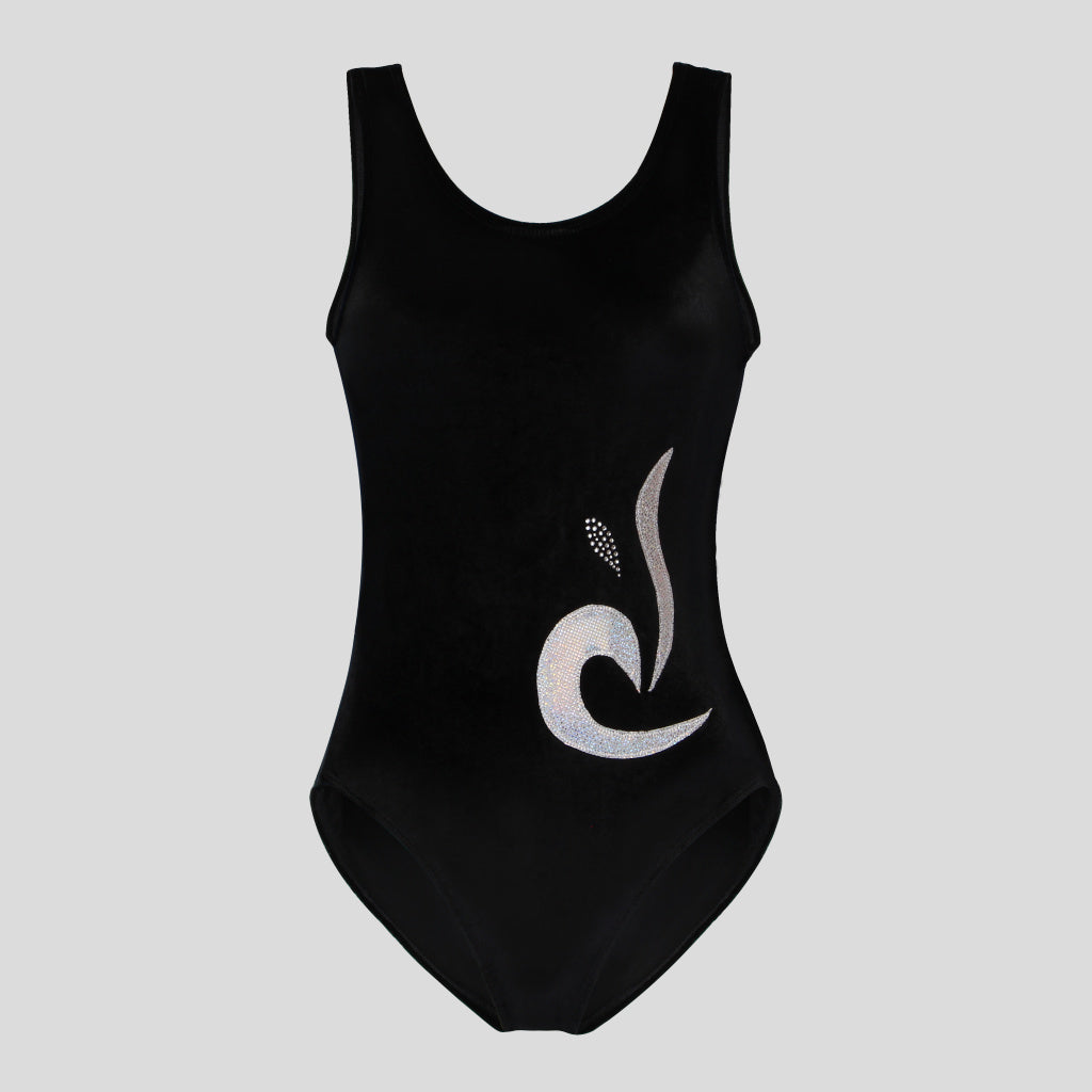 Australian made girls black velvet leotard adorned with a beautiful curved applique complimented with diamantes in a teardrop design