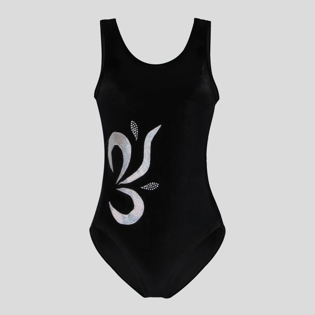 Australian made girls black velvet leotard with a beautiful shiny appliques design and diamantes on the left side