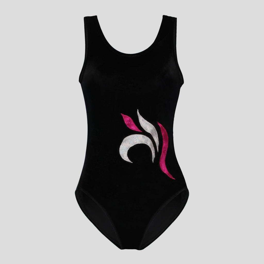 Australian made girls black velvet leotard adorned with pink and white appliques in a curvy design