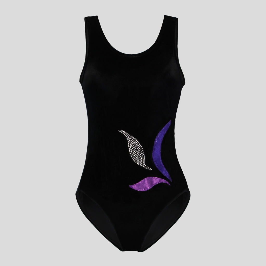 Australian made girls black velvet leotard adorned with a flower bud design made of diamantes wrapped around my purple appliques in the shape of leaves