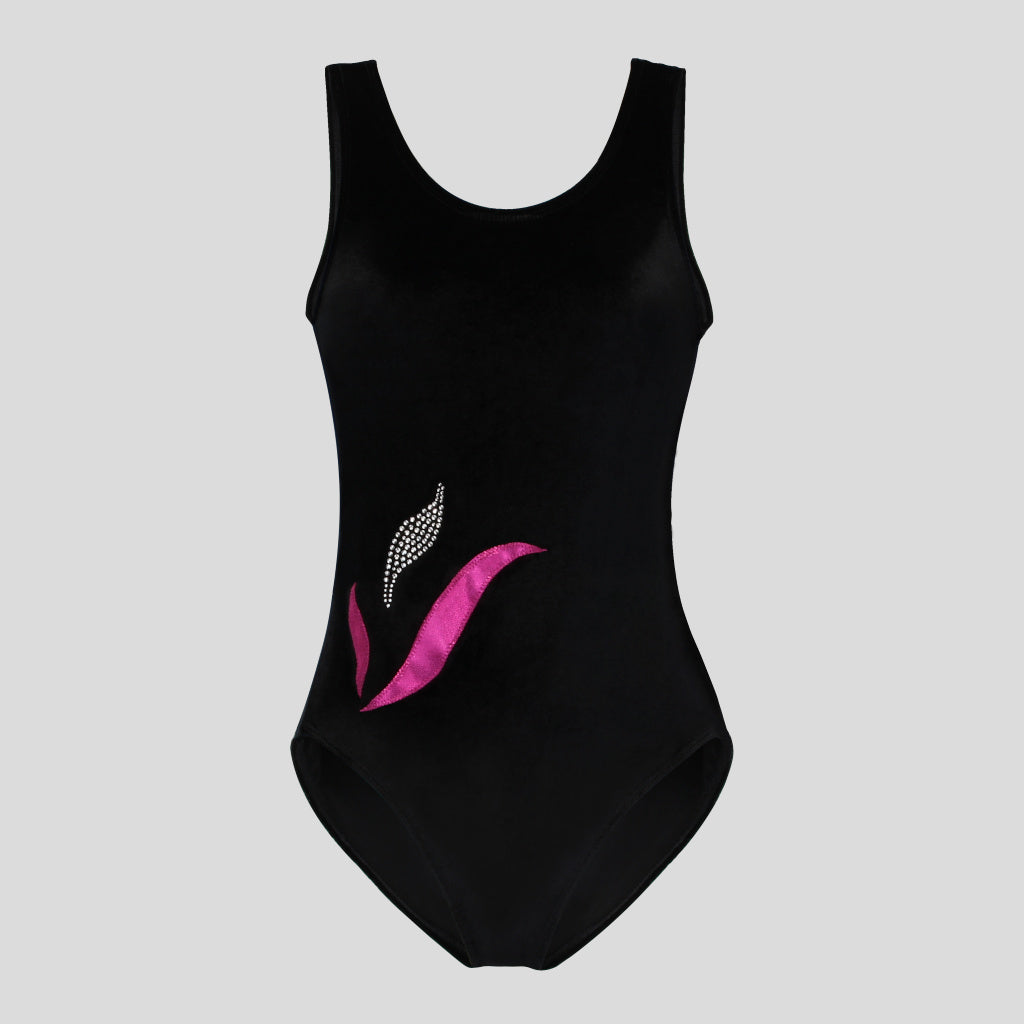 Australian made girls black velvet leotard adorned with a flower bud design made of diamantes wrapped around my pink appliques in the shape of leaves